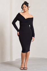 Black Twist Front Bardot Midi Dress